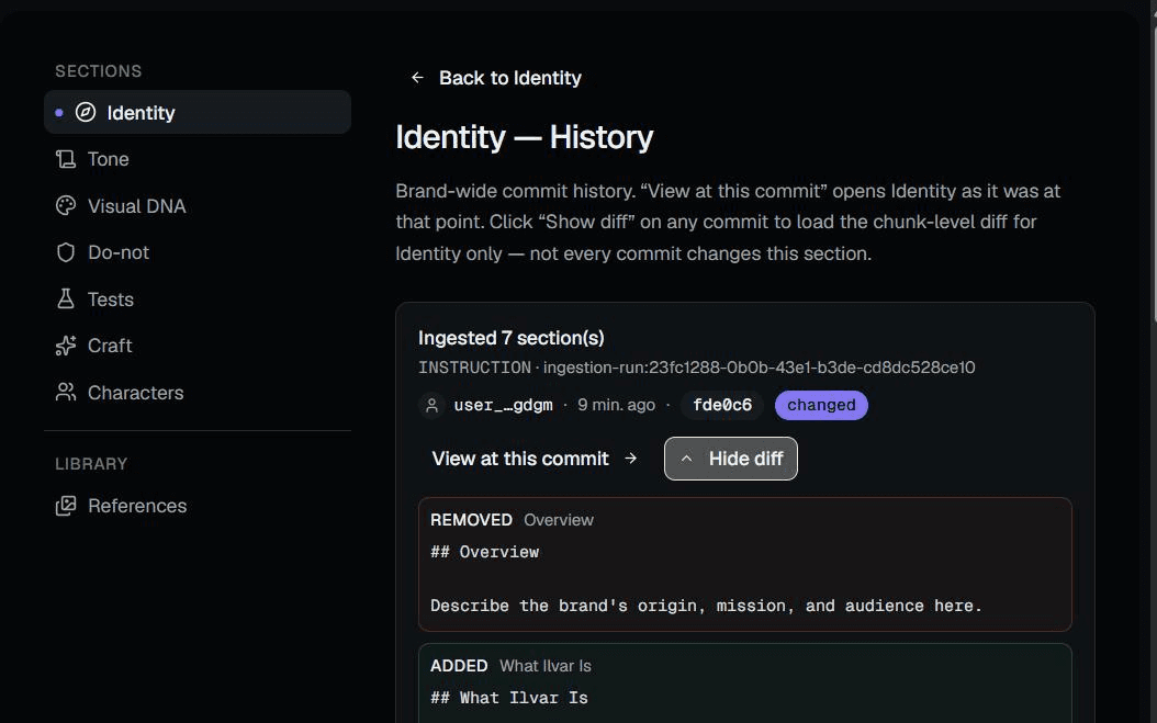 A commit diff on the Core: the instruction, the author, and the exact lines that changed.
