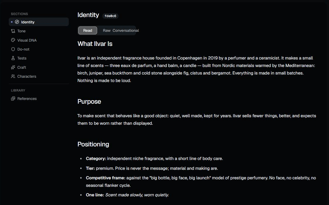 The Core's memory page for a fictional brand: nine knowledge surfaces in a sidebar, one section open for review.