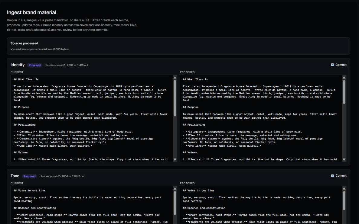 Ingestion in the Core: uploaded decks and guidelines extracted into proposed sections for review.